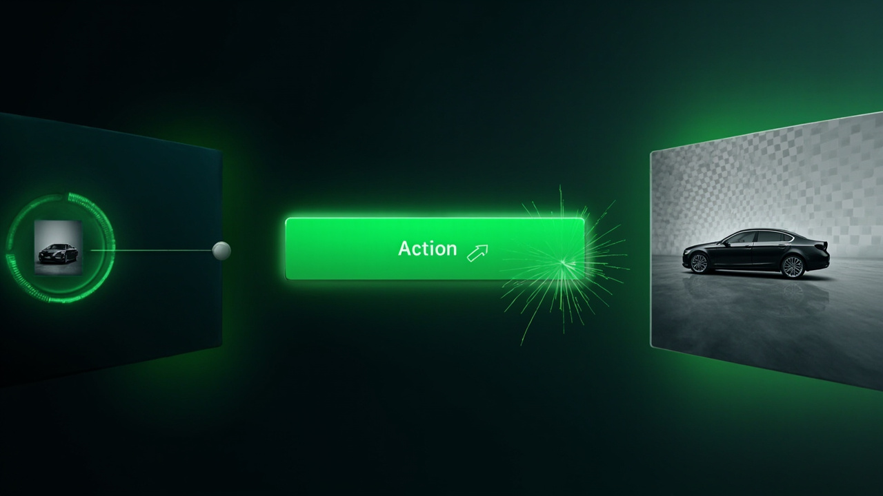 NoBG interface showing a car photo upload in progress: dark emerald upload card on the left with a sedan thumbnail, glowing green Remove Background button in the center, and the same car isolated on a transparent checker pattern on the right