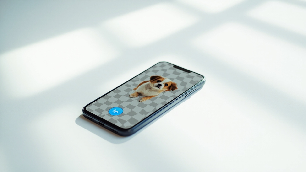 Mobile phone showing NoBG interface with a dog photo in the upload area, before/after visible in the result panel