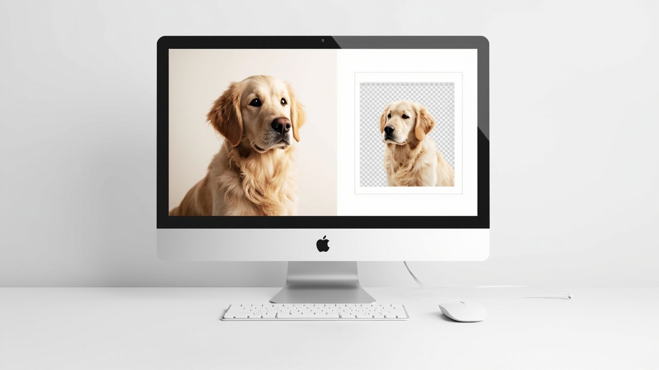 NoBG upload interface with a dog photo selected, showing the AI processing the cutout and presenting both transparent PNG and white-background output options