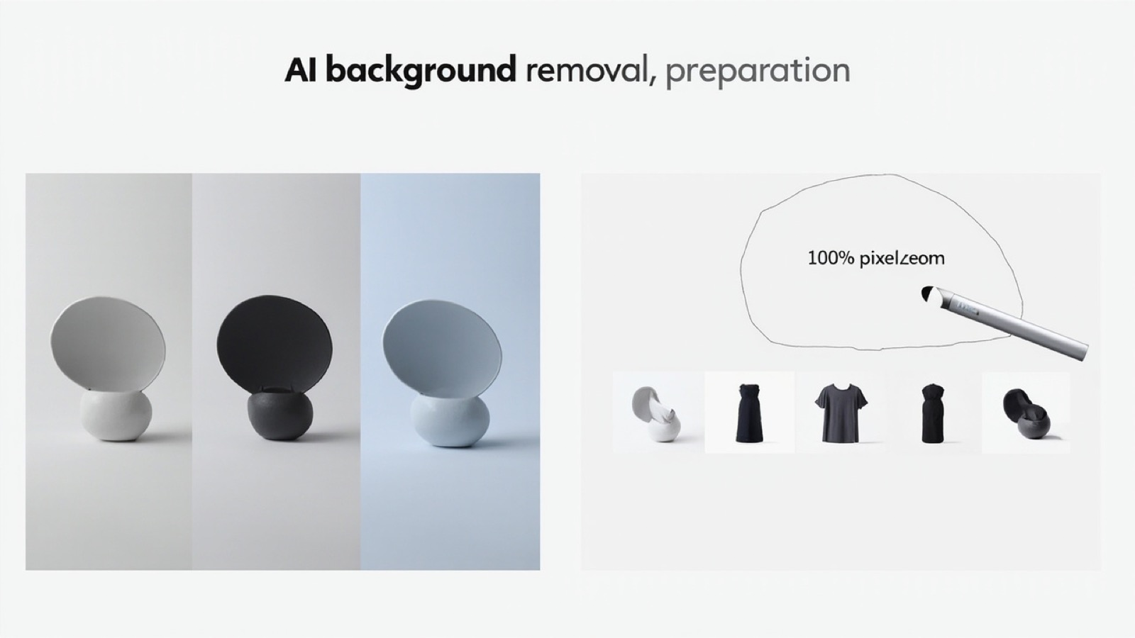 Input prep visual for AI background removal showing three solid-color backdrops on the left, a row of batched product photos, and a callout for 100% pixel zoom review before publishing