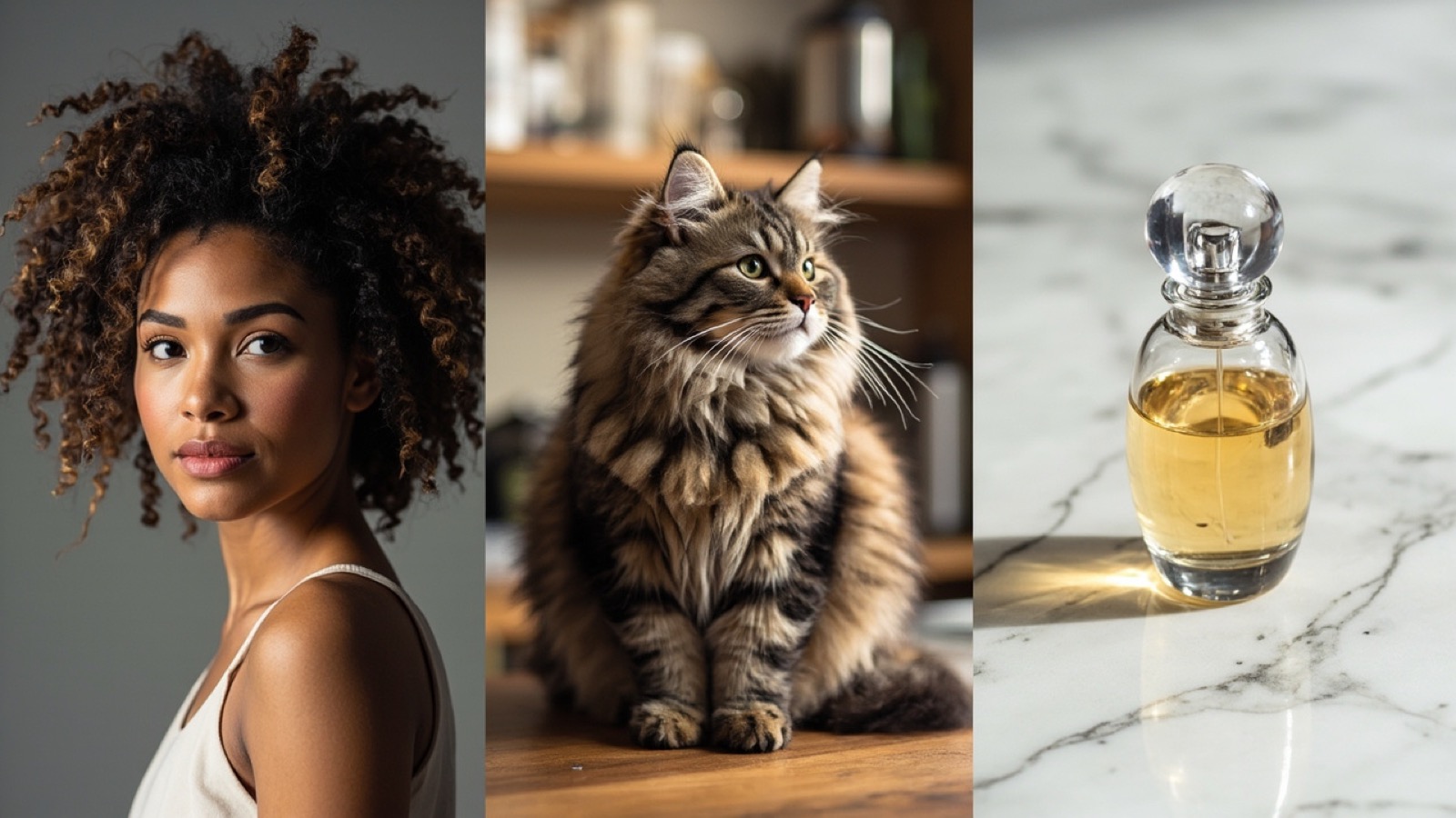 Three test image types used to evaluate AI background removers: curly hair portrait, pet photo with fur against busy background, and product photo with reflective edges