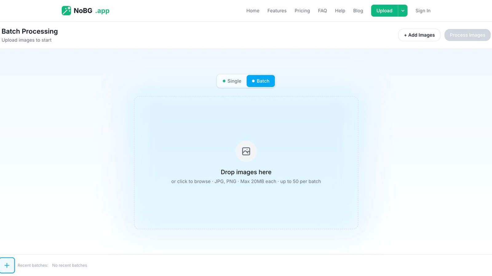 NoBG batch processing page with drag-and-drop zone for up to 50 images