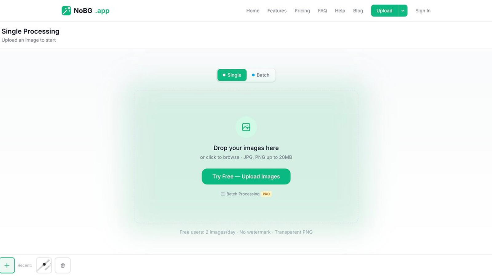 NoBG editor upload screen with drag-and-drop zone and Single/Batch mode toggle