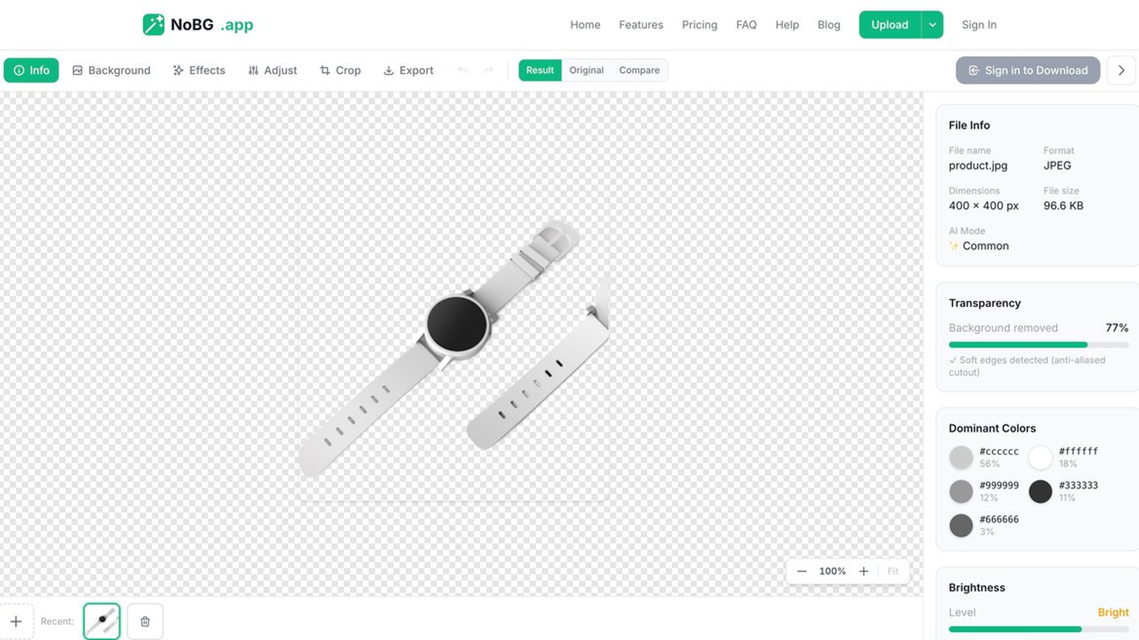 NoBG editor showing a smartwatch cutout on transparency checkerboard with file info and color analysis panels