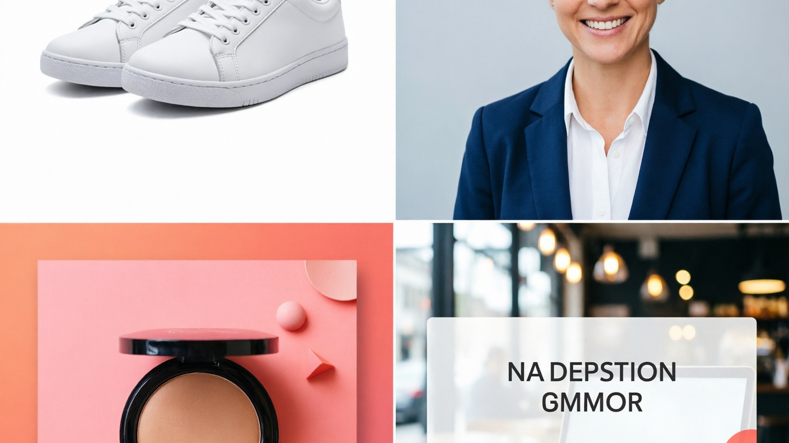 Four use case examples — product photo on white, professional headshot on grey, social media post with branded color, and marketing graphic with lifestyle scene